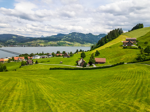 Einsiedeln, Switzerland - May 30, 2020: Aerial view on farmland around Einsideln in Switzerland during May 2020