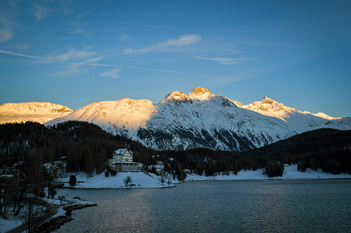 St. Moritz, Switzerland - December 15, 2019: Beautiful view on St. Moritz in Switzerland during cold winter day in December 2019