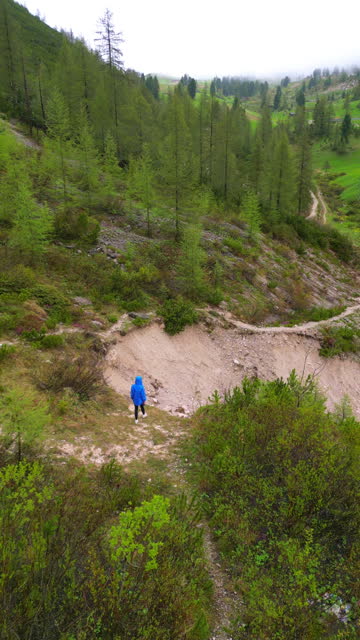 Aerial view of adult asian male hiking in Dolomites Man hiking and exploring forest area