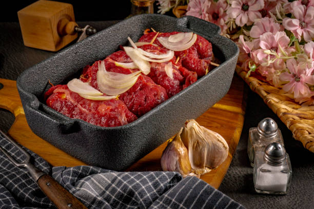 Raw Silesian beef roulades prepared for stewing. A traditional Silesian dish.