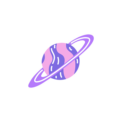 Stylized vector illustration of a ringed planet in purple and pink hues, perfect for space-themed children's educational content