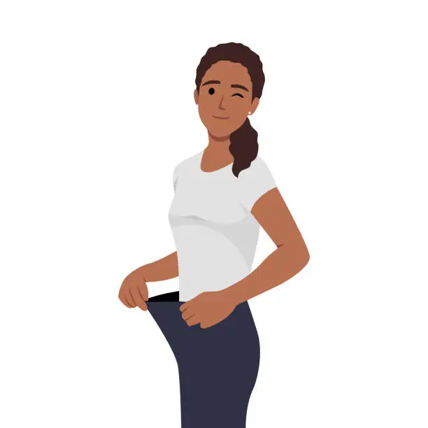 Vector illustration of Young woman lost weight. Good diet. Very big jeans on a girl