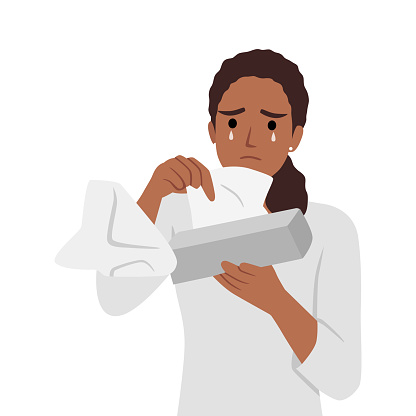 Watery eyed black woman holding facial tissue box. Crying woman broken heart. Flat vector illustration isolated on white background