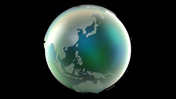 Earth with blue reflection of green glass illuminated by light. Abstract overlay multicolor background. Can be used as a texture or background for design projects, scenes, etc. \nJapan, Indonesia, Australia