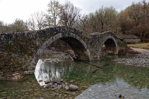 View of the traditional stone Mylos Bridge near the village of Kipi in Zagori of Epirus, Greece