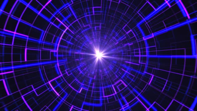 Abstract technology background of glowing digital hyperspace tunnel in the Universe. Time travel and cosmos exploration concept. Blue and purple neon tunnel with a bright blinking guiding star. 4k.