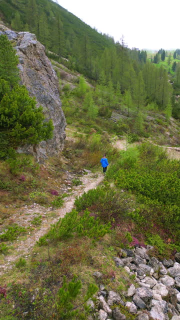 Aerial view of adult asian male hiking in Dolomites Man hiking and exploring forest area