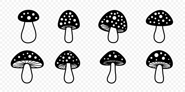 Vector Black and White Hand Drawn Cartoon Mushrooms. Amanita Muscaria, Fly Agaric Illustration, Cutout Mushrooms Collection. Magic Mushroom Silhouette, Design Template.