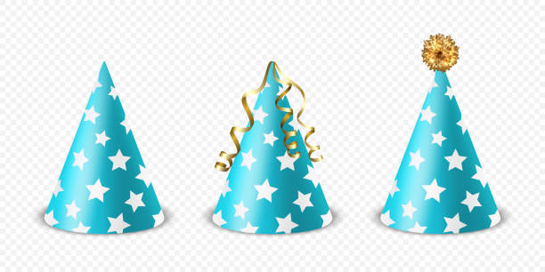 istock Vector 3d Realistic Blue and White Birthday Party Hat Icon Set Isolated. Party Cap Design Template for Party Banner, Greeting Card. Holiday Hats, Cone Shape, Front View 2125300649