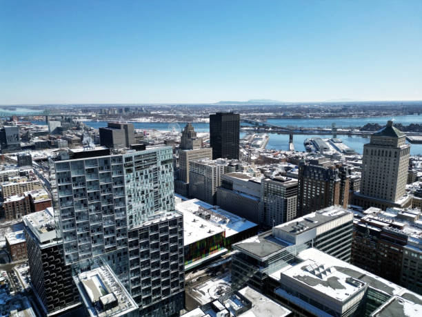 aerial drone of montreal, quebec canada downtown cityscape reveal view from above the trees of mont-royal - montreal winter city quebec стоковые фото и изображения