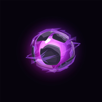 Magic purple energy ball with luminous streams. Mystical sphere Ideal as a vector fantasy design element for games; presented on black isolated background.