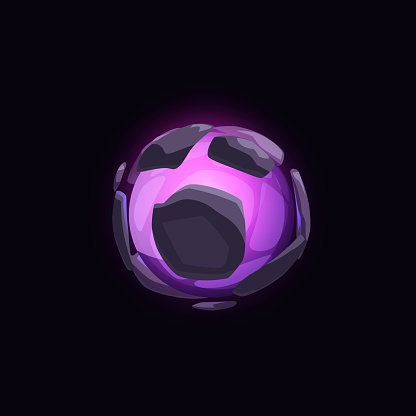 Vector illustration of a magical purple energy ball. The design element is a sphere with holes, ideal for game design. Mystical ball on isolated black background.