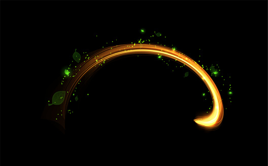 Vector image of a golden magical arcing flow accompanied by green glowing particles and delicate petals on an isolated black background, ideal for game design.