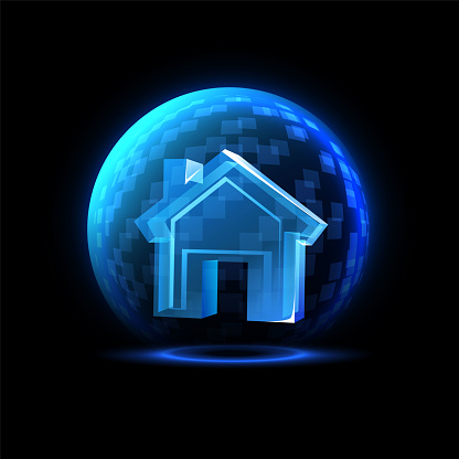Glowing blue sphere shield with house inside vector illustration. Dome barrier digital technology. Luminous abstract dwelling protection. Force field defense globe shell, grid screen guard