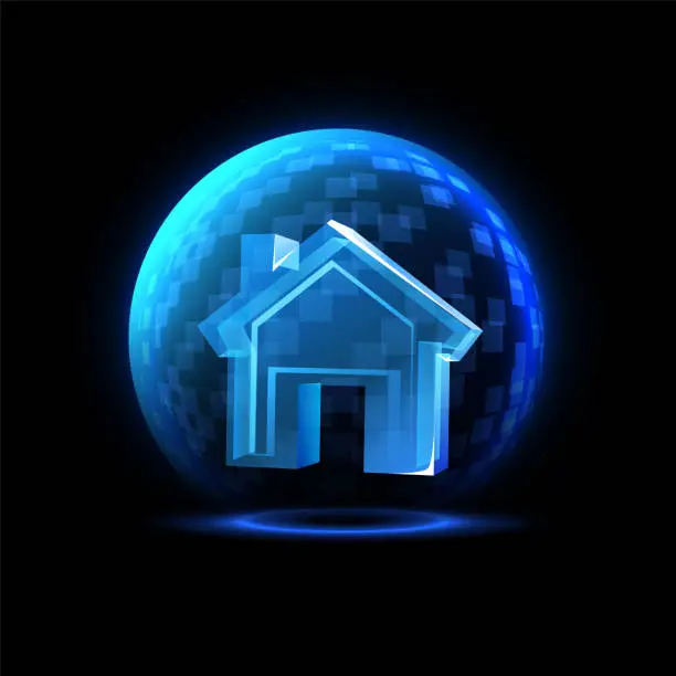 Vector illustration of Glowing blue sphere shield with house inside, vector digital dome barrier luminous dwelling protection force globe shell
