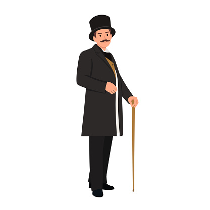 Elegant proud man of the nineteenth century. The gentleman in a frock coat and a top hat, holds a cane in hand. Flat vector illustration isolated on white background