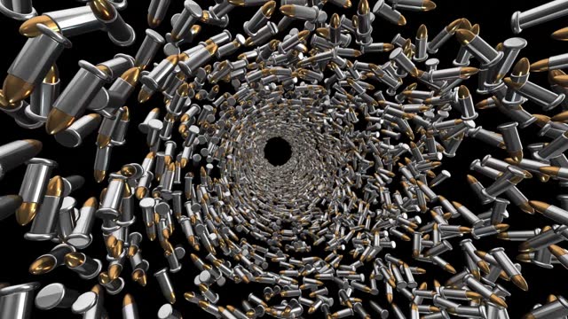 3D tunnel with rotating bullets on a black screen.