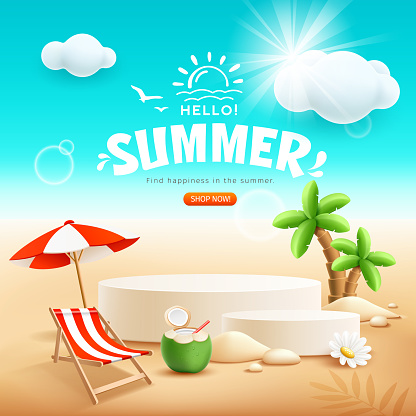 Summer podium display, pile of sand, white flowers, coconut tree, coconut fruit, beach umbrella, beach chair, poster flyer design, on cloud and sun shines, sand beach background, EPS 10 vector illustration