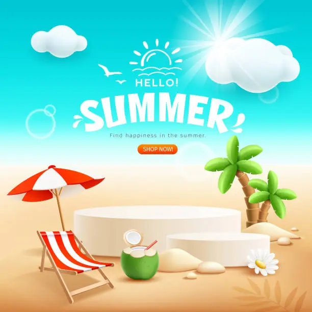 Vector illustration of Summer podium display, pile of sand, white flowers, coconut tree, coconut fruit, beach umbrella, beach chair, poster flyer