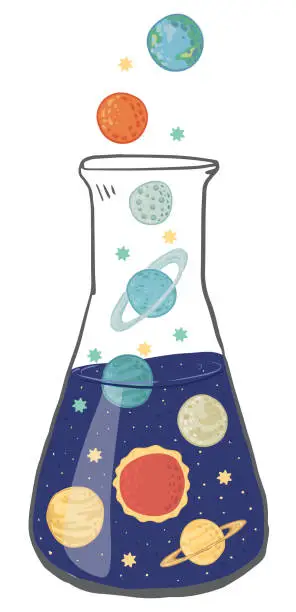 Vector illustration of A space flask for experiments with planets inside and liquid in the form of a galaxy