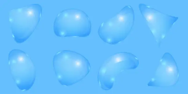 Vector illustration of Transparent liquid forms with light refraction. Bubbles imitating water drops or glass isolated on blue background. Vector