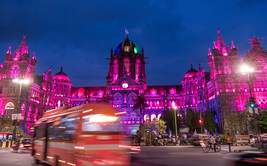 MUMBAI, INDIA - June 11, 2022: Chhatrapati Shivaji Terminus railway station, is a historic railway station and a UNESCO World Heritage Site in Mumbai, Maharashtra, India
