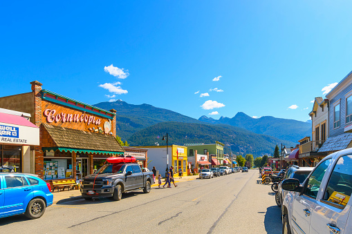 Summertime view of the main street of shops and business in the rural small town of Kaslo, in the British Columbia region of Western Canada.