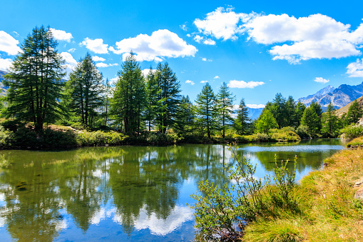 View of Grindji Lake (Grindjisee) and Swiss Alps at summer on Five-lake trail in Zermatt, Switzerland