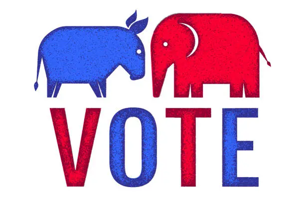 Vector illustration of Vector vintage banner for 2024 presidential election in USA. Vector illustration of elephant and donkey. Vote