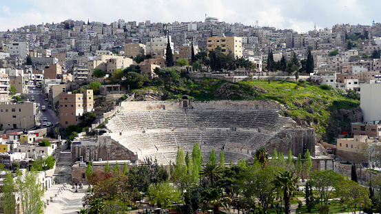 Amman skyline panorama in Jordan. Sunny day view of the old downtown of Jordanian capital city built on seven hills