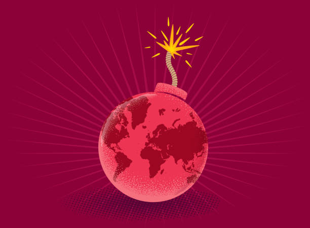 Vector vintage poster of a bomb with World map. Earth like bomb. World crisis or war. Peace.