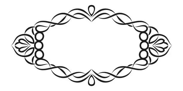 Vector illustration of Vintage calligraphic frame. Elegant floral oval frame design. Decorative vector element for design. Symmetrical black and white border with floral elements for invitations and cards. Vector illustration.