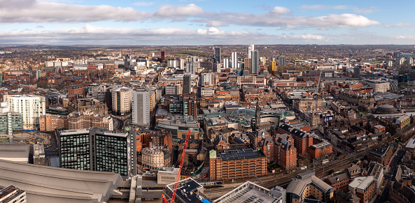 Brewery Wharf, Leeds, UK - March 29, 2024.  An aerial panoramic view of Leeds city centre with shopping and retail districts next to Leeds train station