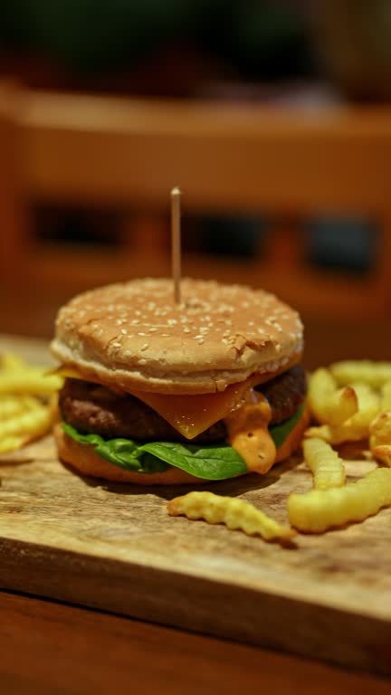 Cheeseburger With French Fries On The Table In A Pub