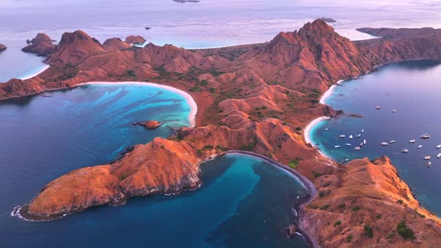 Aerial Drone Sunrise Scene of Padar Island in Komodo National Park, Beautiful landscape Indonesia