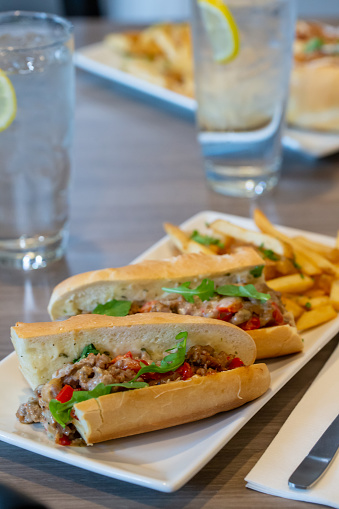 Chicken Cheese Steak and Fries (close up vertical)