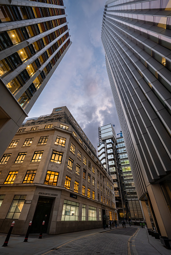 London, UK: Fenchurch Avenue in the City of London with (L-R): 120 Fenchurch Street, 4 Fenchurch Avenue, Lloyds Building and Willis Building.