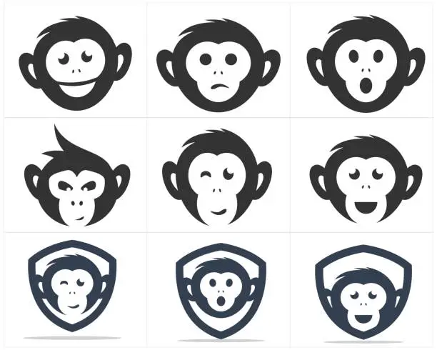 Vector illustration of Monkey vector design icon. Monkey head logos. Monkey face logo with chimpanzee vector design and monkey icon vector.