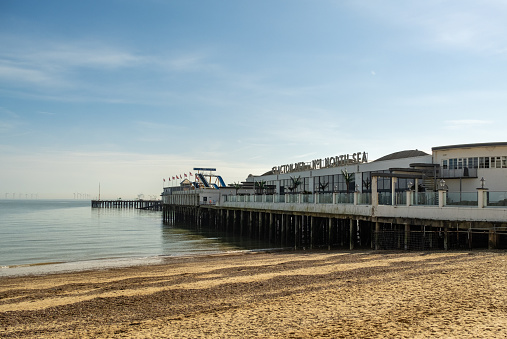 Clacton-on-Sea, Essex, UK  March 20 2024. Side on view of the Victorian pier in the coastal resort of Clacton-on-Sea, Essex