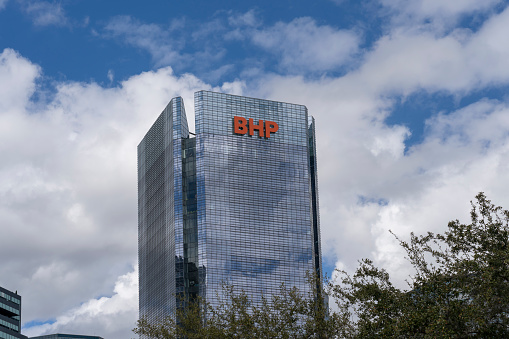 Houston, Texas, USA - February  15, 2022: BHP office building in Houston, Texas, USA. BHP is the trading entity of BHP Group Limited and BHP Group plc, an Australian mining company.