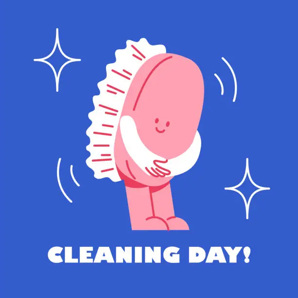 Vector illustration of The brush is smiling. Funny cute character. Cleaning day sticker.