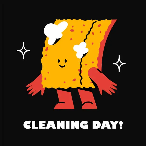 Vector illustration of The foam sponge is smiling. A washcloth for dishes. Funny cute character. Cleaning day sticker.