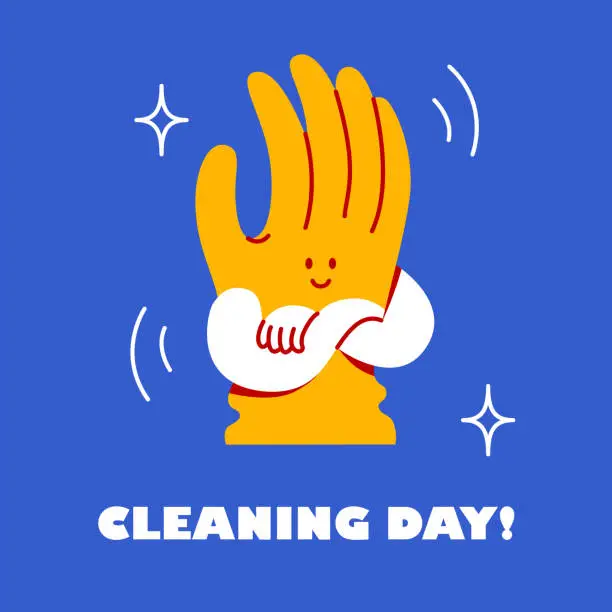 Vector illustration of The yellow rubber glove is smiling. Funny cute character. Cleaning day sticker.