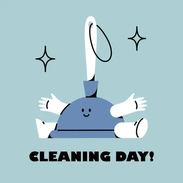 Vector illustration of The plugging plunger is smiling. Funny cute character. Cleaning day sticker.
