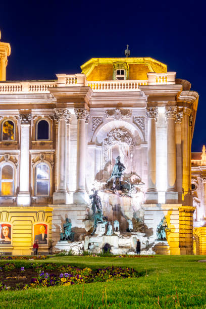 matthias fountain at royal palace of buda at night, budapest, hungary - street royal palace of buda budapest hungary fotografías e imágenes de stock