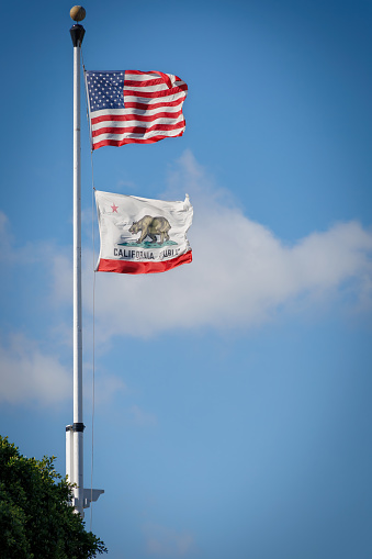 The United States and California State flags fly on a windy day from a flagpole in Old Town San Diego, California.