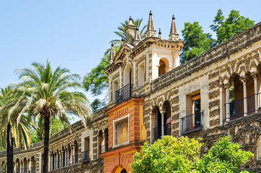 Seville, Spain - June 2018: Seville Alcazar architecture and gardens in Andalusia