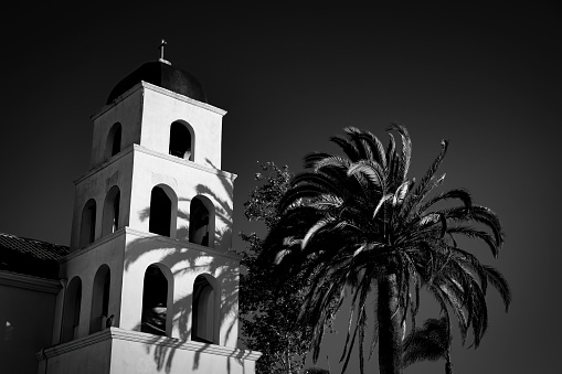The bell tower of the Immaculate Conception Catholic Church in Old Town San Diego, California.