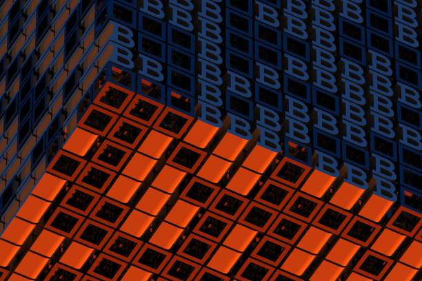 Abstract futuristic concept of Bitcoin mining and artificial intelligence. 3d rendering illustration