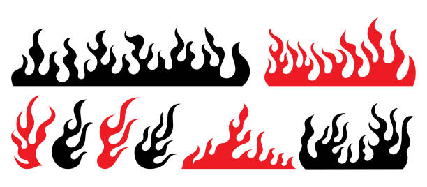 ilustrații de stoc cu set de design vectorial, flăcări și foc, forme neo tribale acide, elemente y2k și ilustrații abstracte în stil gotic, tatuaje gotice și acide și șabloane de imprimare - flacără